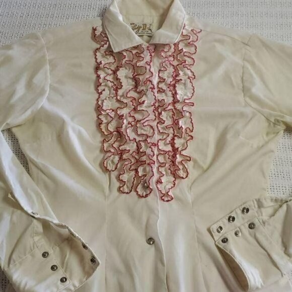 Lady DJ Vintage Soft Ivory with Ruffled Red Front Long Snap Sleeve Sz 32 Blouse - Picture 4 of 12